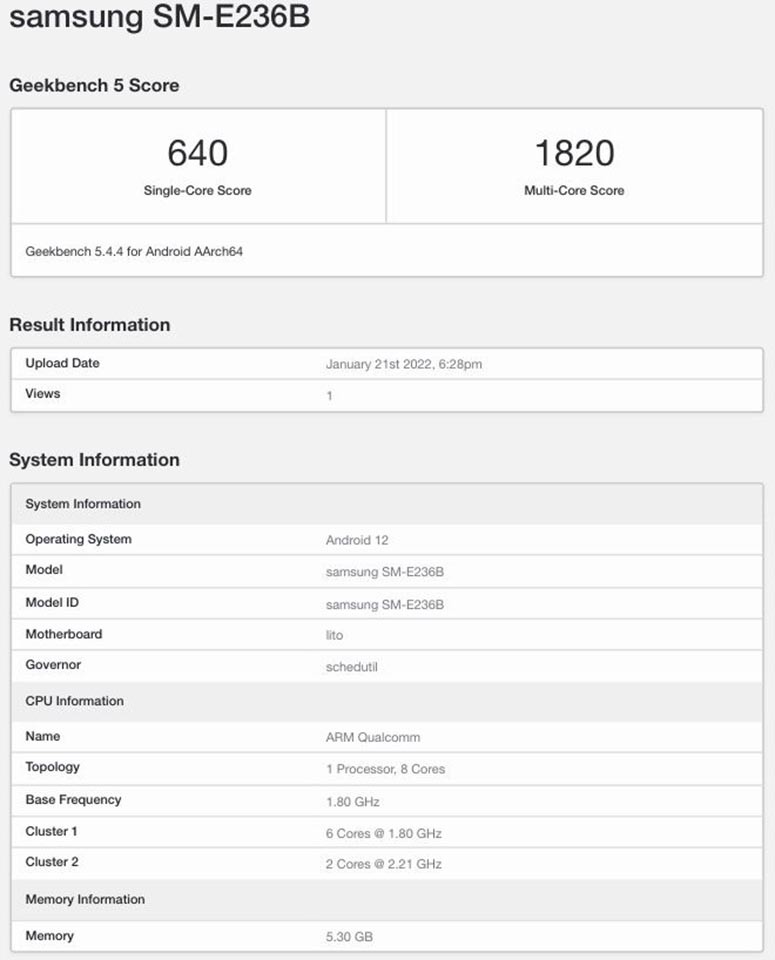 Samsung Galaxy F23 5G Geekbench 