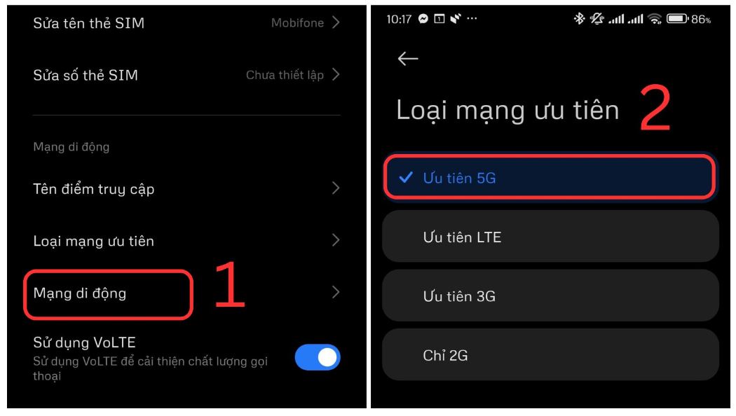 Chỗ Mạng di động > Chọn ưu tiên 5G