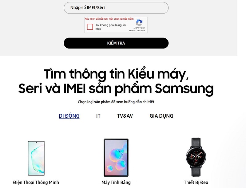 nhập mã IMEI hay Seri và điền mã CAPTCHA để check bảo hành Samsung