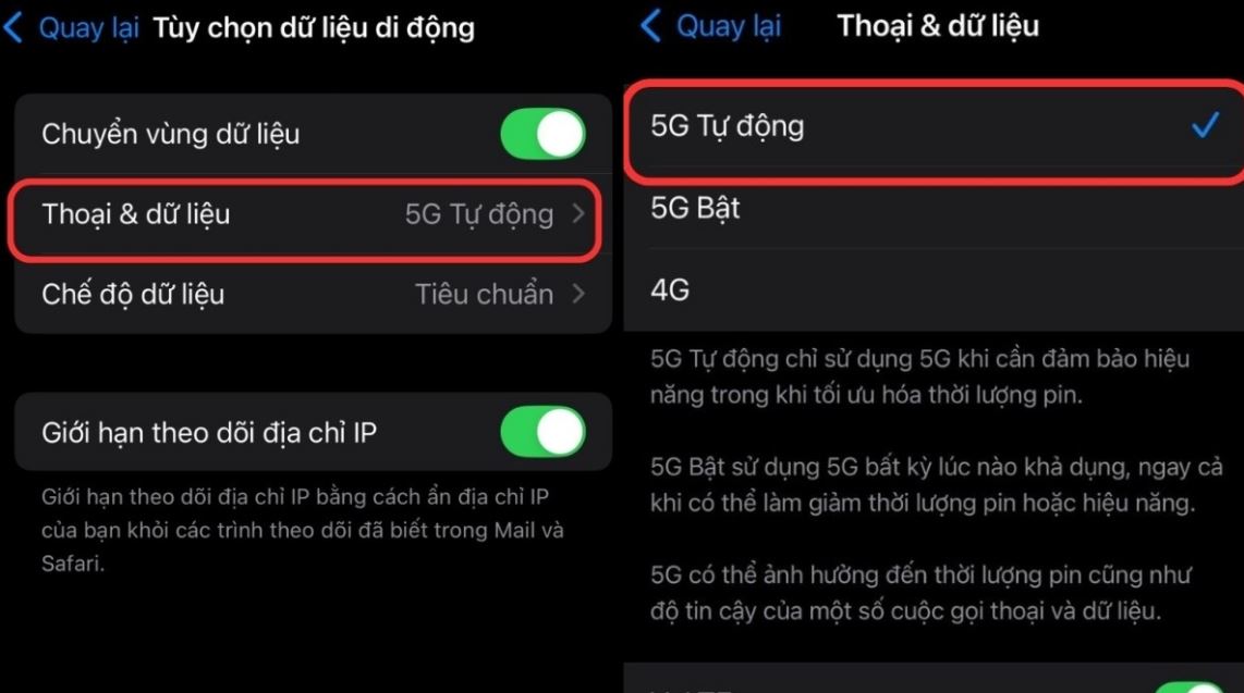 Các tùy chọn dữ liệu di động khi dùng 5G trên iPhone