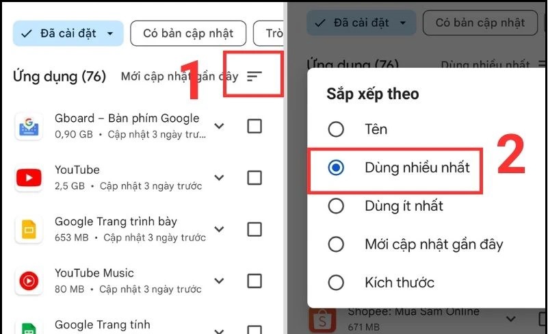 hãy bấm vào Chế độ lọc >> Chọn Dùng nhiều nhất.