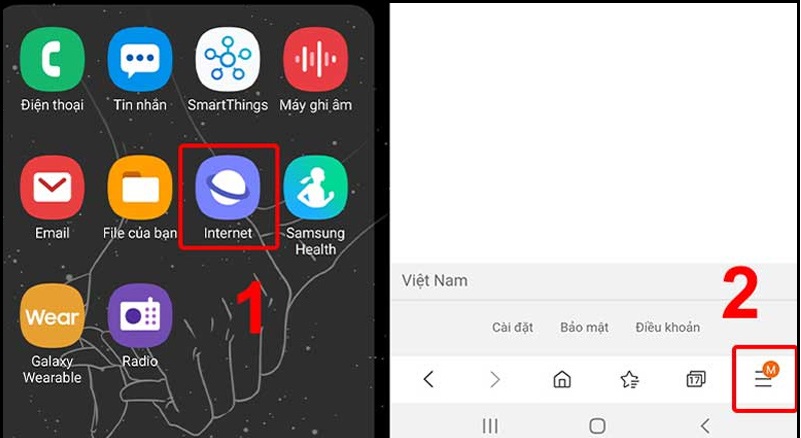 Vào Samsung Internet trên điện thoại Samsung để tắt quảng cáo