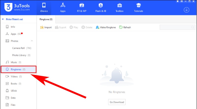 Ringtones trên 3uTools cho phép tải nhạc chuông