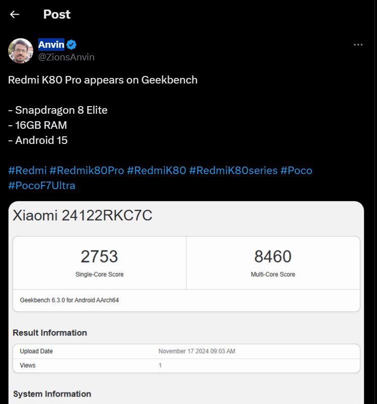 Xiaomi Redmi K80 Pro được người dùng Anvin chia sẻ lên mạng xã hội X