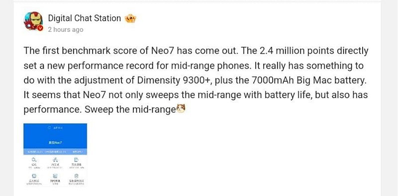 realme Neo7 chạy chipset Dimensity 9300+