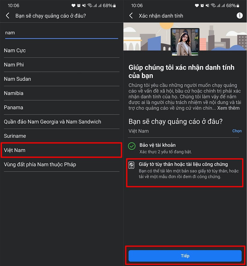  Tìm kiếm "Việt Nam" để tiến hành xác thực facebook