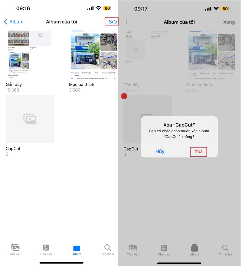 Bấm tiếp sửa chọn tiếp vào dấu trừ màu đỏ, và chọn Xóa để xóa album trên iPhone
