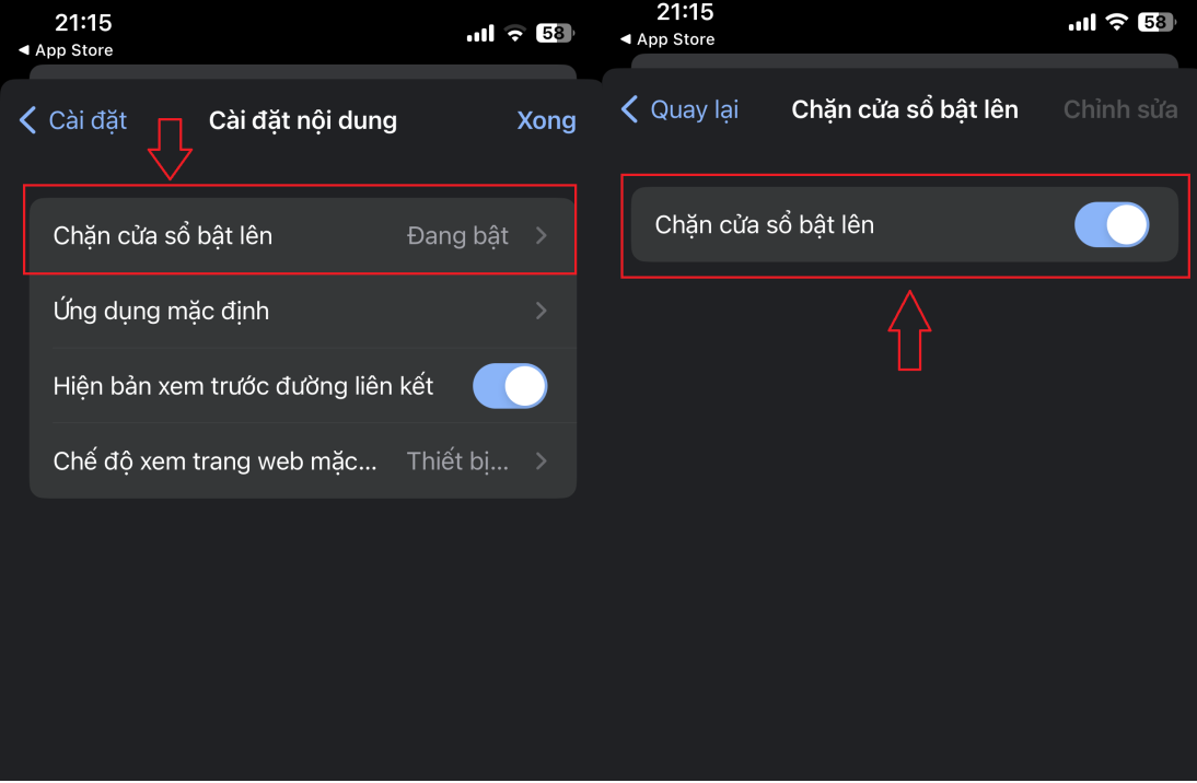 Bấm vào Chặn cửa sổ bật lên để kích hoạt chức năng chặn quảng cáo tự bật lên trên điện thoại