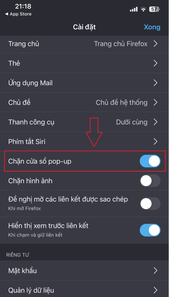 Chọn Chặn cửa sổ pop-up tren Trình duyệt web Firefox