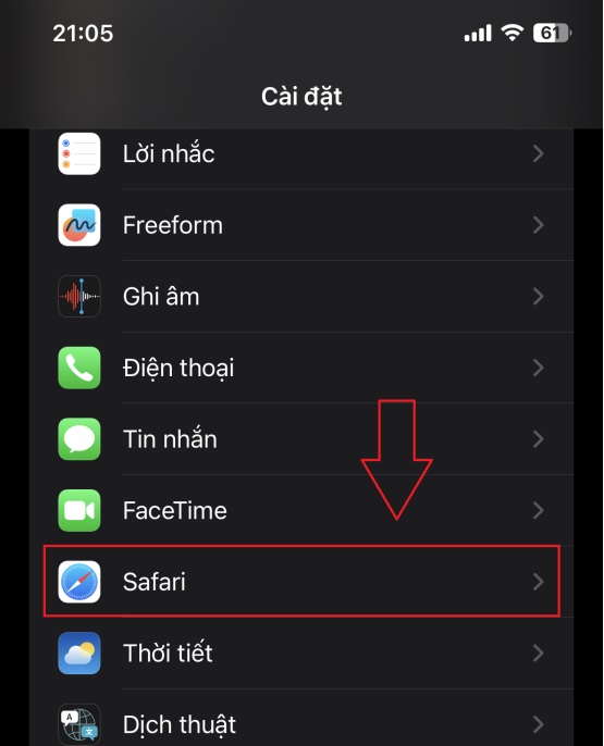 Cuộn xuống dưới và chọn Safari để truy cập vào các thiết lập bên trong