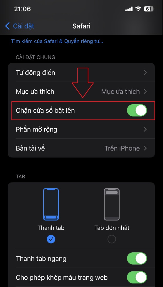 Ở mục General, chon nút Chặn cửa sổ bật lên