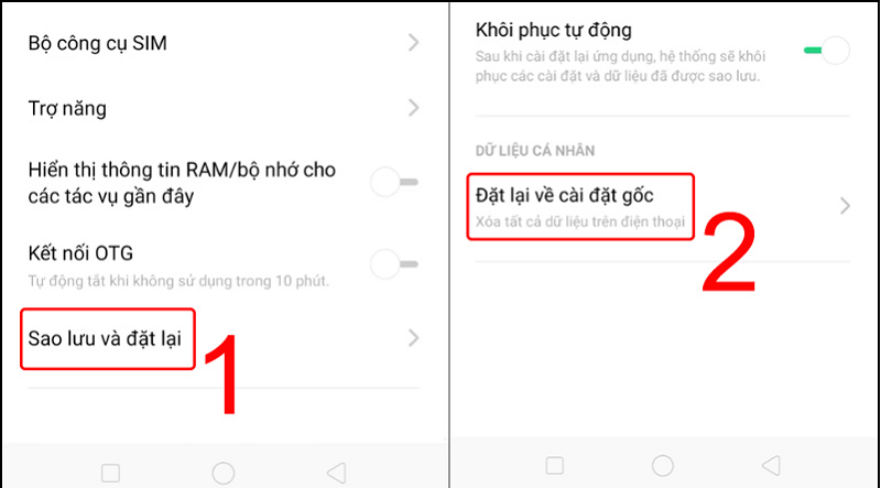 Chọ sao lưu và đặt lại > Đặt lại về cài đặt gốc