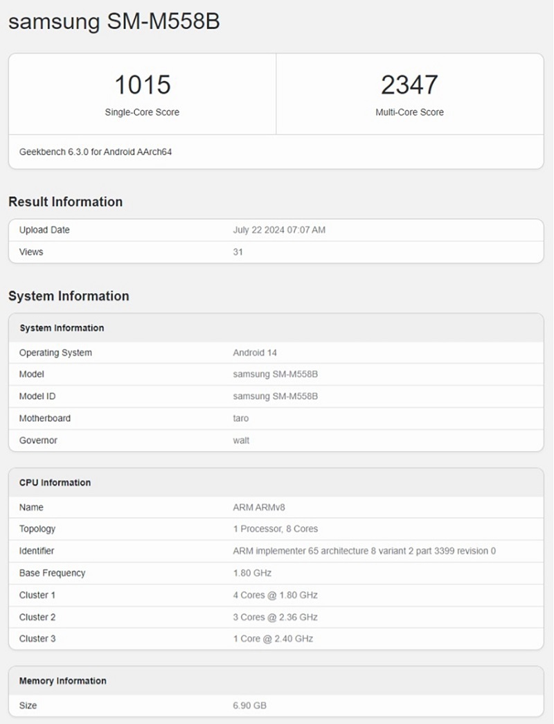 Samsung Galaxy M55s xuất hiện trên cơ sở dữ liệu Geekbench. 