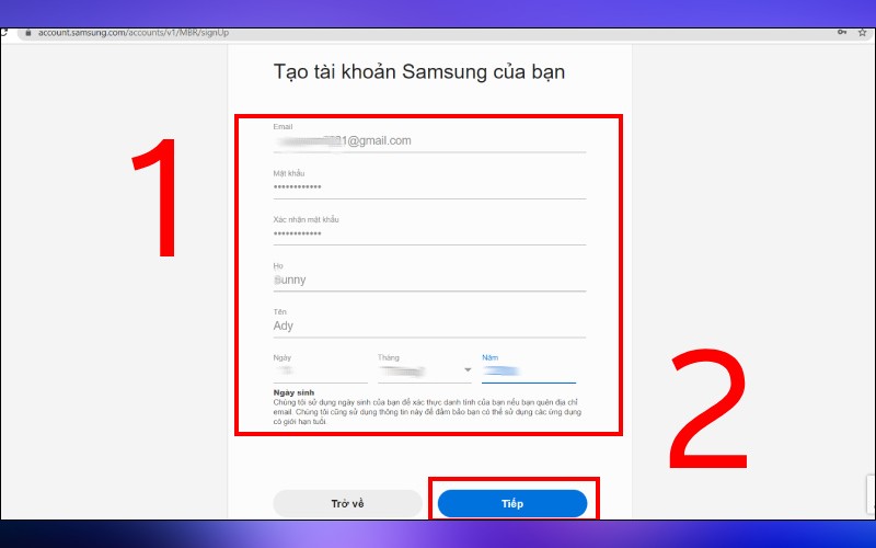 Cách tạo tài khoản Samsung Account trên máy tính bước 3