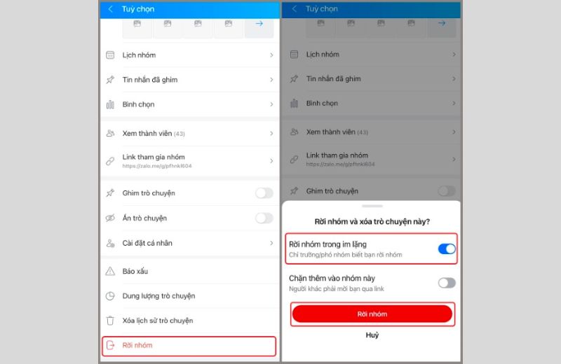 thoát nhóm zalo trong im lặng trên điện thoại