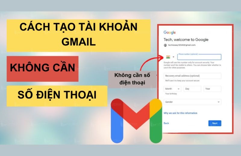 tạo gmail không cần số điện thoại