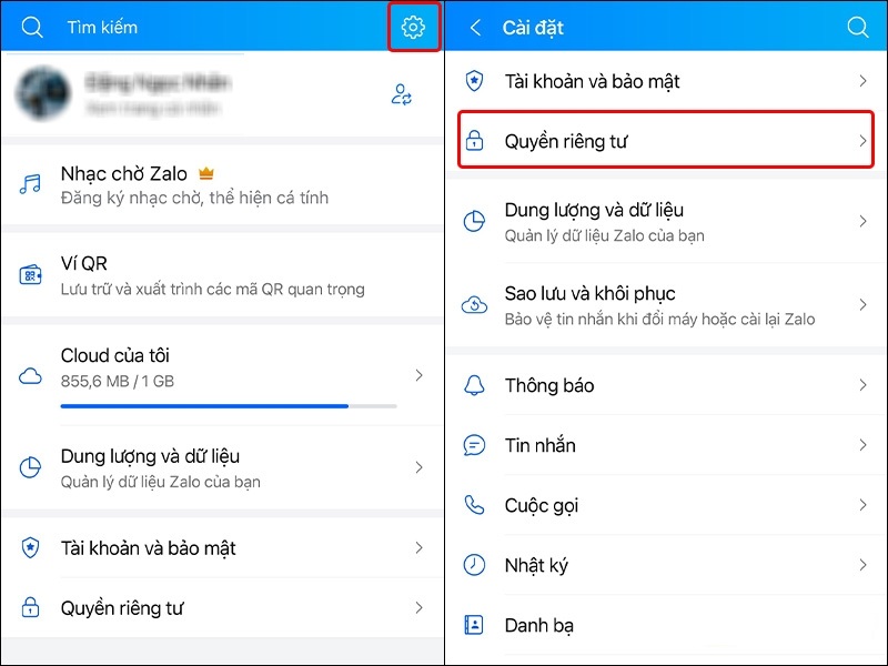 cài đặt quyền riêng tư trên zalo từ iphone
